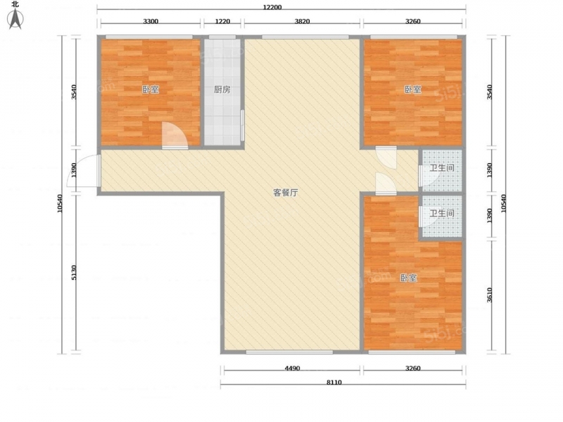 太原我爱我家此房户型为3室1厅1卫，建筑面积为140平米，朝向为南北